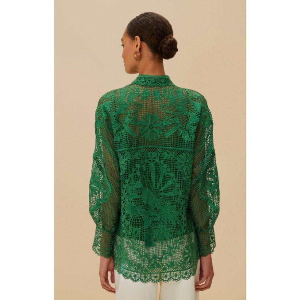 Farm Rio Green Landscape Guipure Lace Button Up Shirt Blouse Size XL EUC No Slip - Picture 2 of 6